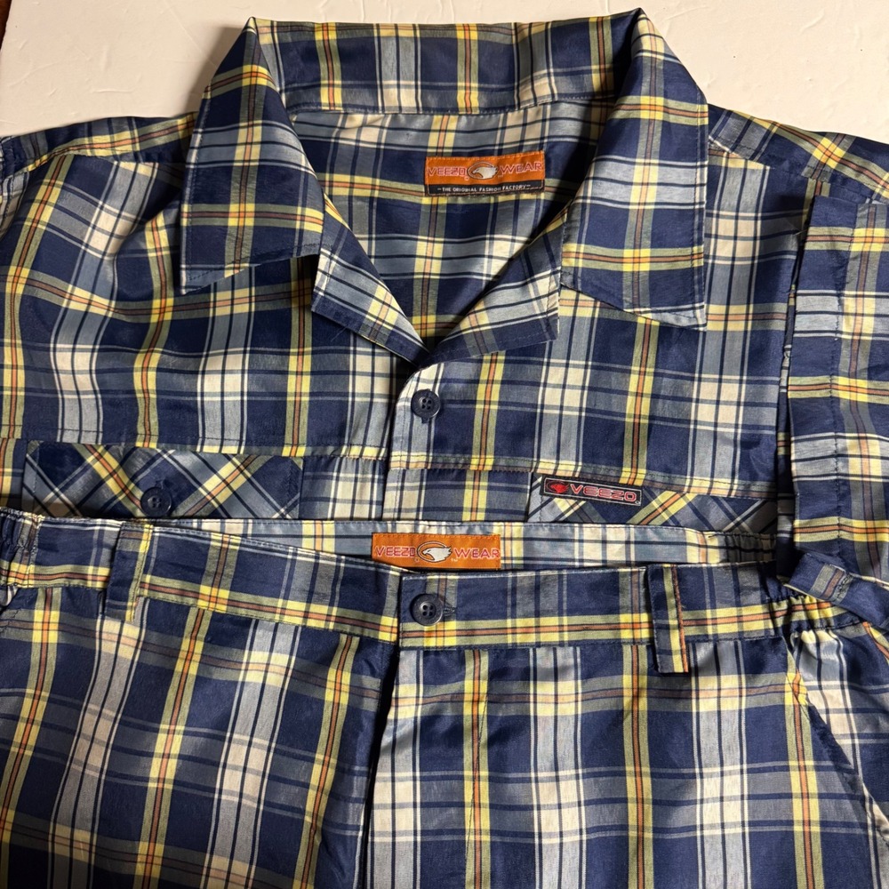 Veezo Wear Men's‎ Plaid Short Sleeve Shirt & Shorts Set Blue Yellow Y2K Vintage